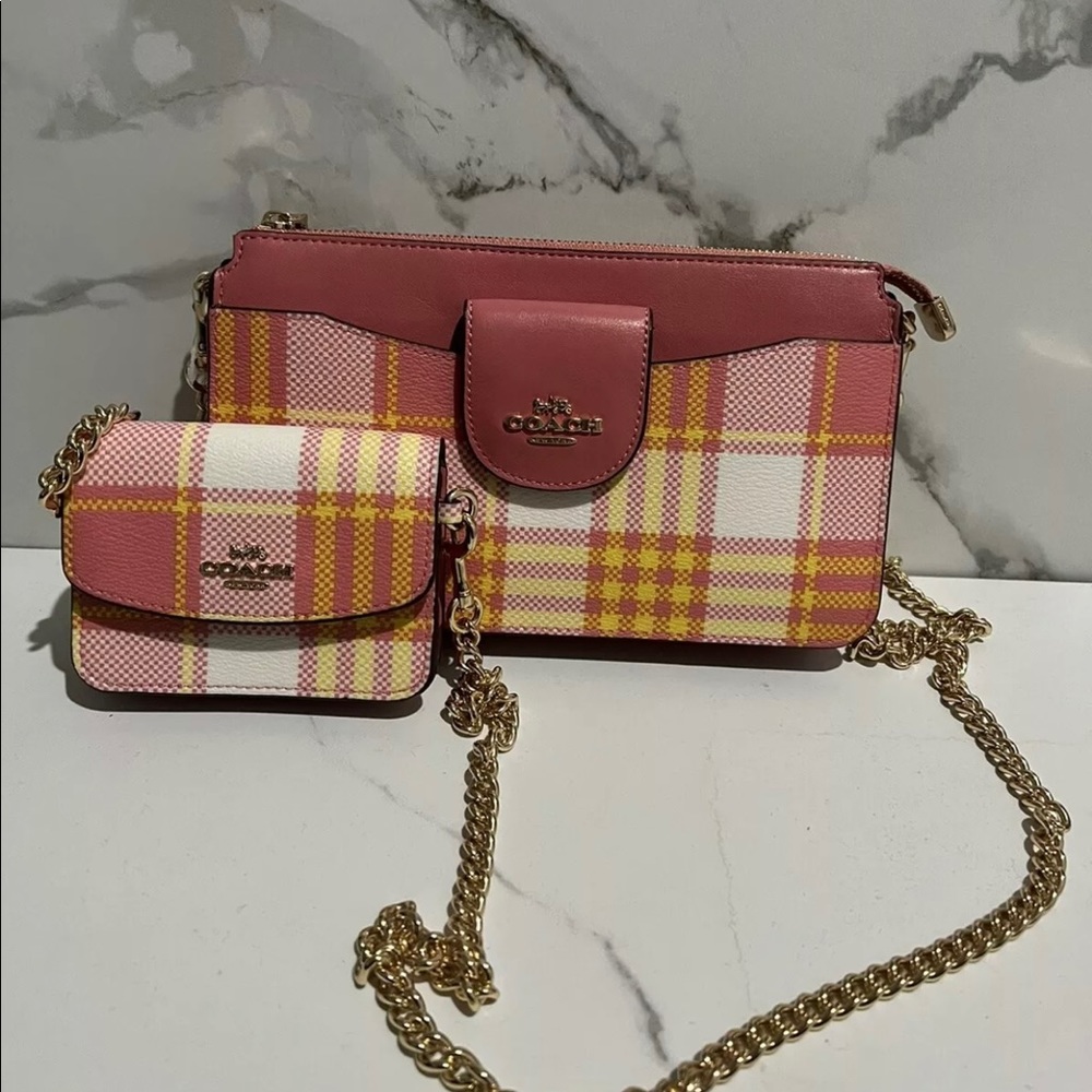 NWT Coach Poppy Canvas & Leather Crossbody Wallet Pink Orange Plaid Gold c8682